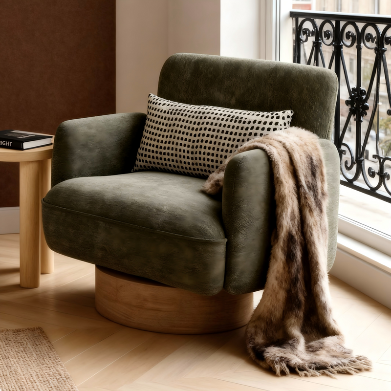 rubberwood swivel chair, chenille upholstery, TB117 certified, spill resistant chair, tall back chair, padded arms, sustainable furniture, home office chair, lounge chair, rotating chair