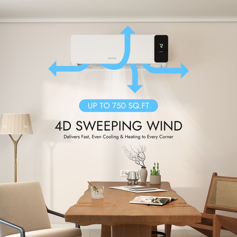 Mini split air conditioner providing wide-angle airflow for full-room comfort in home