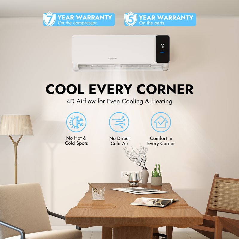 Mini split air conditioner providing wide-angle airflow for full-room comfort in home
