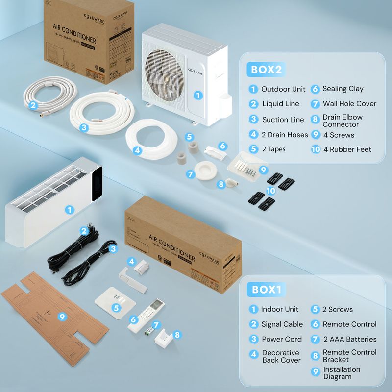 Cozeware mini split AC box contents, showing everything needed for quick installation at home