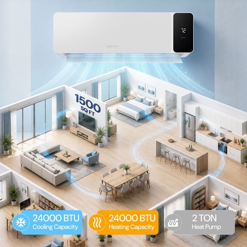 Powerful 24000 btu mini split for large rooms up to 1,500 sq ft