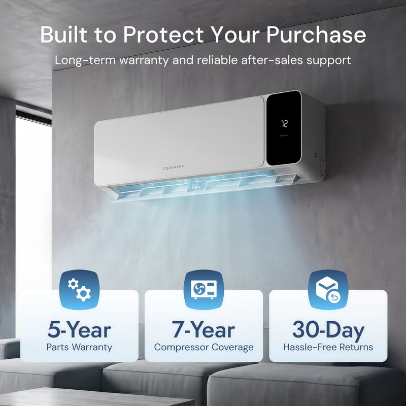 5-year parts warranty, 7-year compressor warranty, and 30-day returns for mini split air conditioner