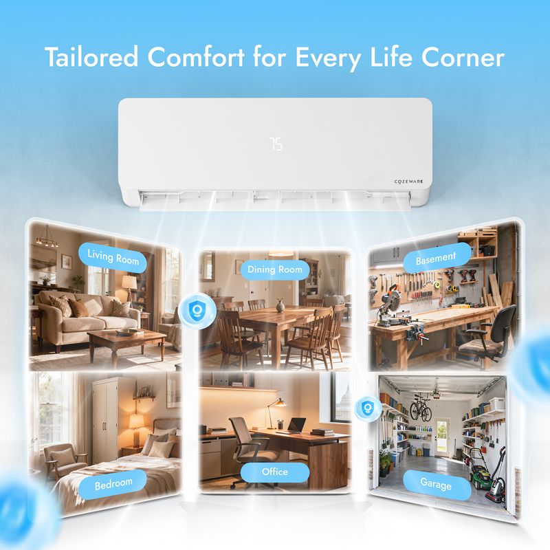 mini split heat pump for living room, bedroom, dining room, office, basement and garage