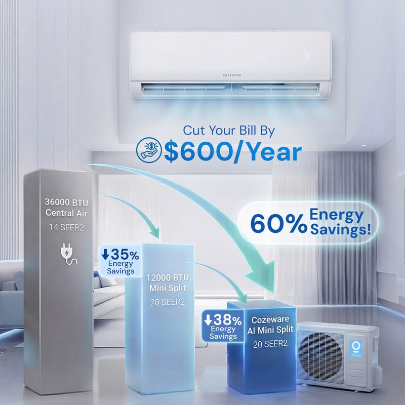 Mini Split Air Conditioner with AI compared with central air