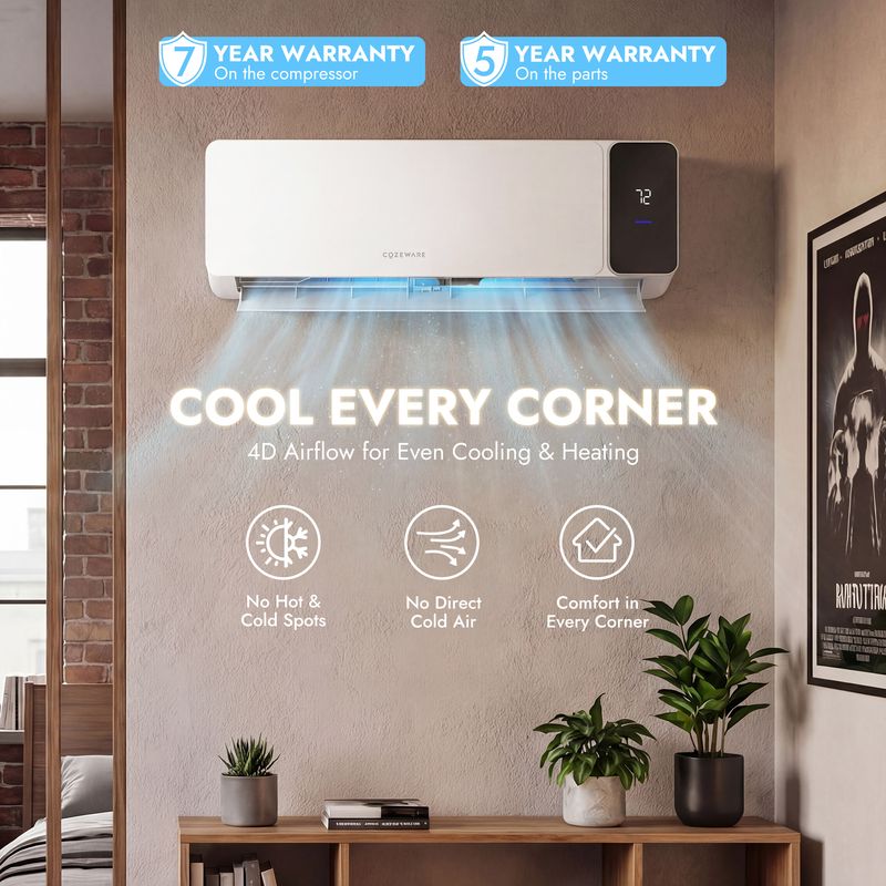 Mini split air conditioner providing wide-angle airflow for full-room comfort in home