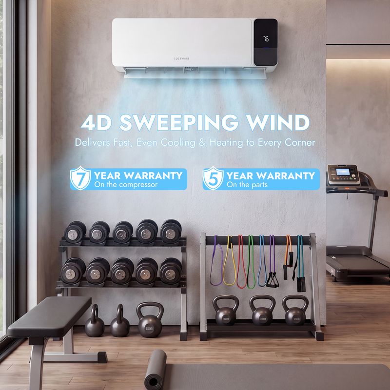 Mini split air conditioner providing wide-angle airflow for full-room comfort in home