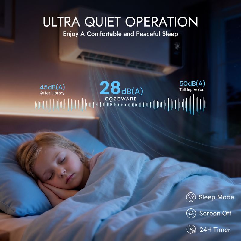 Enjoy ultra-quiet mini split AC operation, perfect for a peaceful bedroom