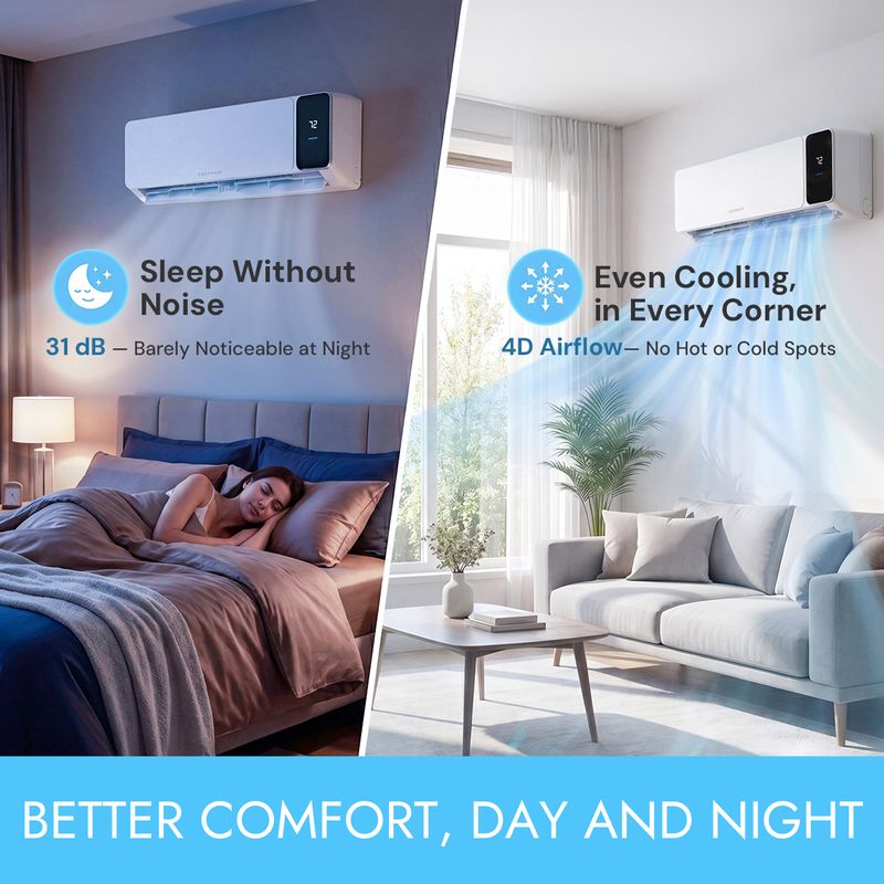 Enjoy ultra-quiet & even cooling mini split AC unit operation, perfect for a peaceful bedroom