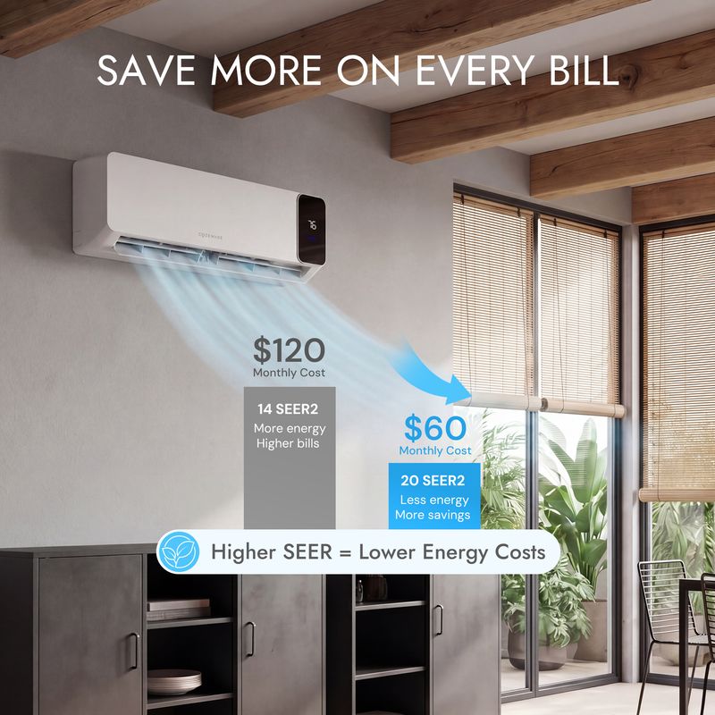 Power-saving mini split AC uint with 20 SEER2 and R32 refrigerant, perfect for home