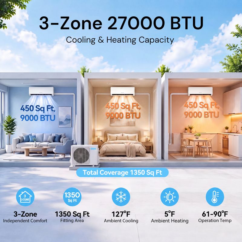 capacity, fitting area and operating temp. of 27000 BTU 3-Zone Mini Split