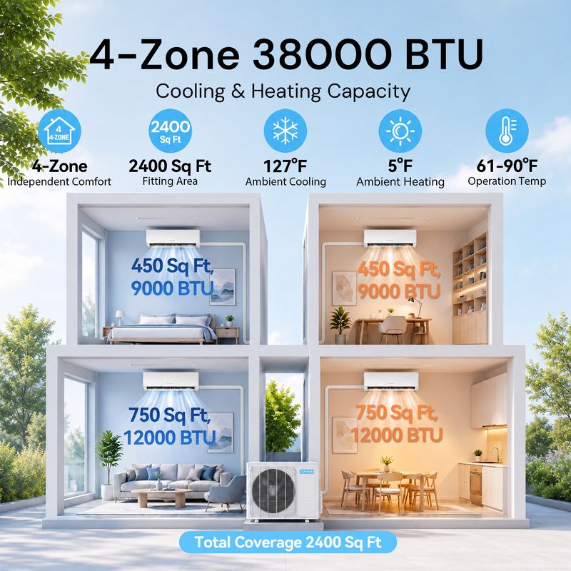 capacity, fitting area and operating temp. of 38000 BTU 4-Zone Mini Split