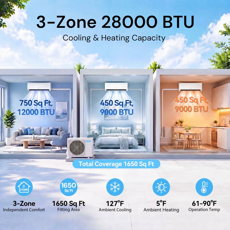 capacity, fitting area and operating temp. of 28000 BTU 3-Zone Mini Split