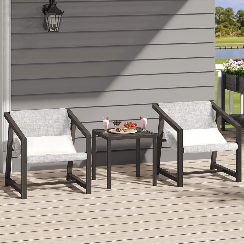 outdoor furniture 3 piece bistro set, 3 Pieces Outdoor Furniture Set, All-Weather Textile Patio Bistro Set, Small Patio Conversation Set for Balcony, Outdoor Sling Chairs and Side Table, 3-Piece Patio Bistro Set With Pillows