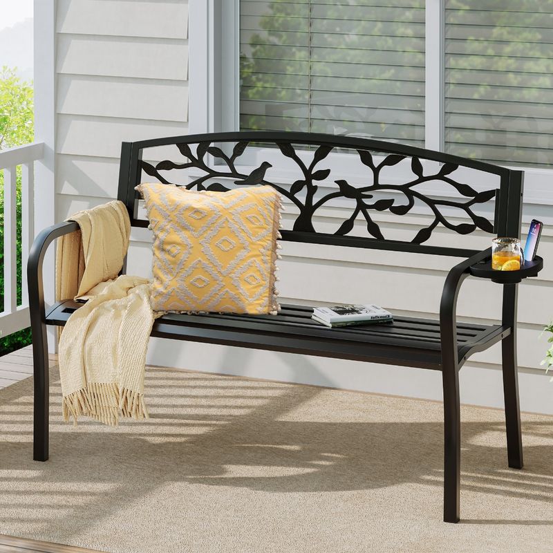 Yitahome 50" 3 Seats Metal Outdoor Bench with Cup Holder Backrest