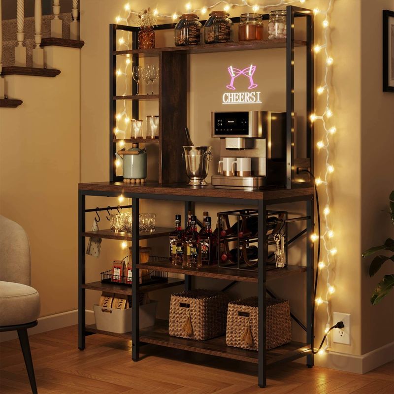 Side view of the bakers rack with string of lights