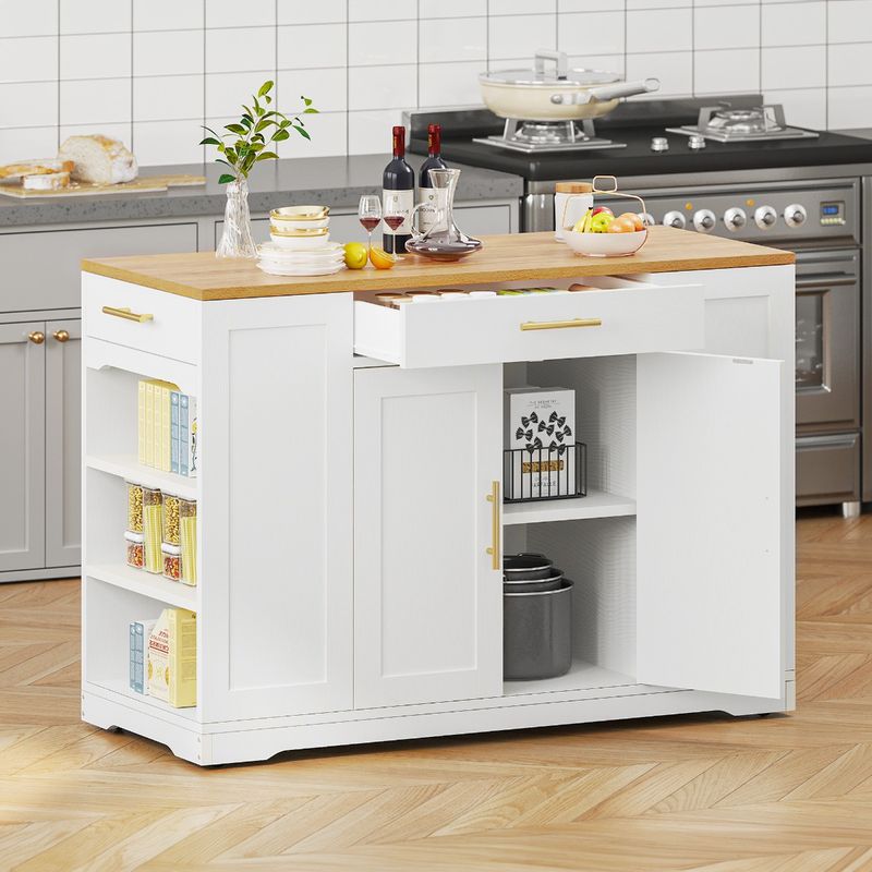 Kitchen Cart on Wheels with Storage Shelf in White