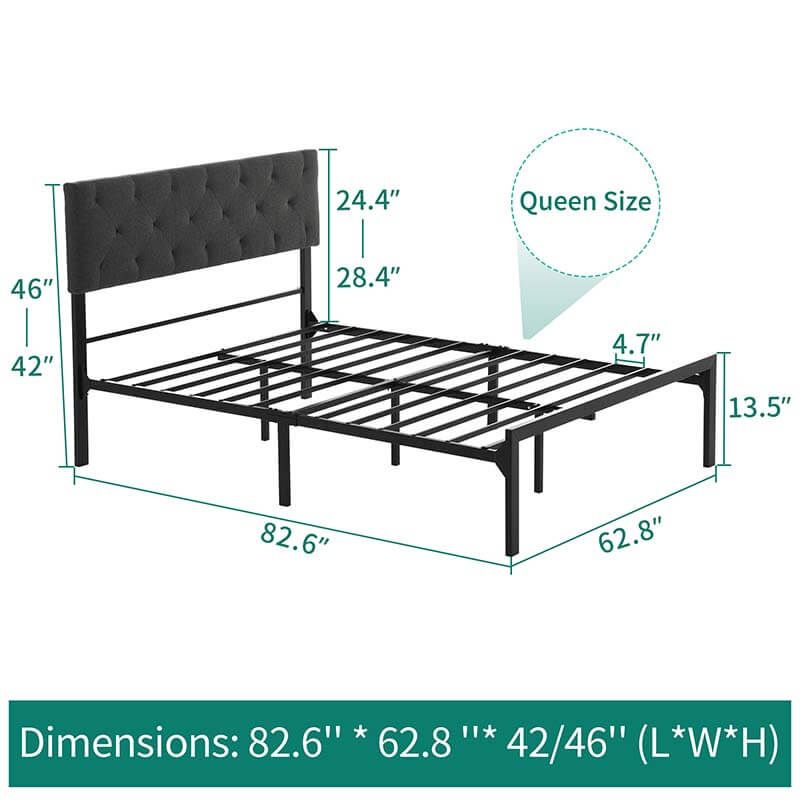 Yitahome Queen Size Steel Bed Frame with Uphostered Adjustable Headboard