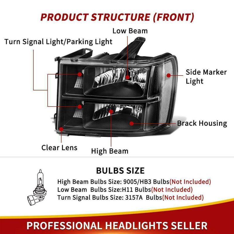 thumbnail image 2 of Alpesauto Pair Front Headlights For GMC Sierra 1500 (07-13) & 2500HD/3500HD (07-14) - Chrome Housing 2 of 5