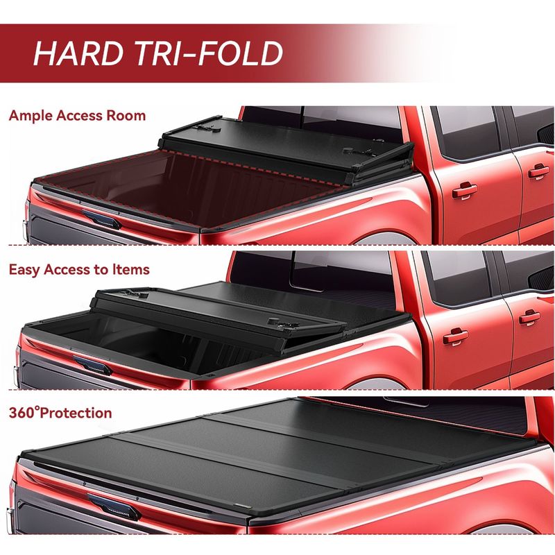 Hard Tri-Fold Tonneau Cover For 2004-2020 Ford F-150 F150 5.5 Ft Bed | Textured Black Fiberglass | No-Drill Install