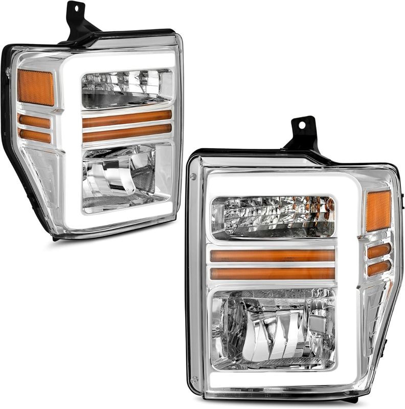 LED DRL Headlights Assembly Compatible with 2008 2009 2010 Ford F250 F350 F450 Super Duty Replacement Headlamp Chrome Housing Clear Lens Amber Reflector