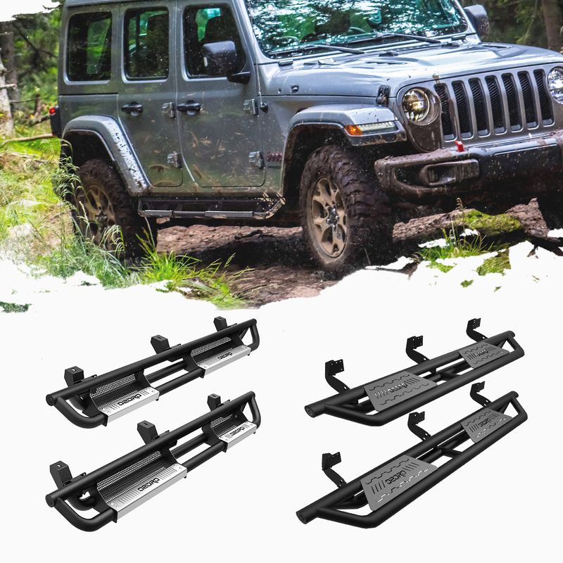 3-Inch Nerf Bar / 4-Inch Step Running Boards For 2018-2025 Jeep Wrangler JL 4-Door – Heavy Duty Galvanized Steel, Black, BOC55835