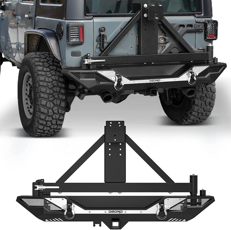 thumbnail image 2 of YZONA Rear Bumper With LED Light & Tire Carrier – For 2007-2018 Jeep Wrangler JK/JKU, 2/4 Door, Textured Black 2 of 6