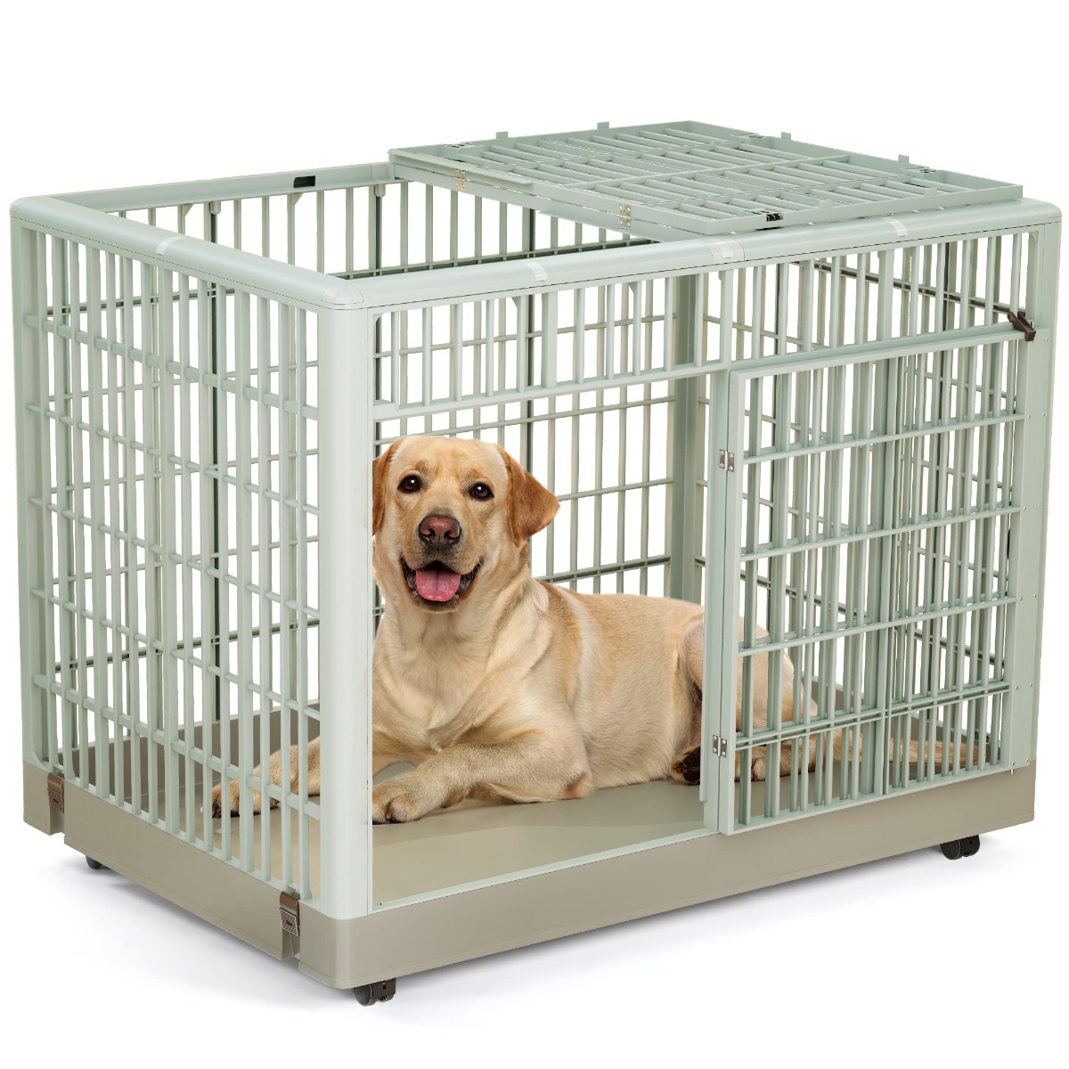 Yitahome 38 Inch Large Plastic Dog Crate with Lockable Wheels and Double Door Indoor Outdoor