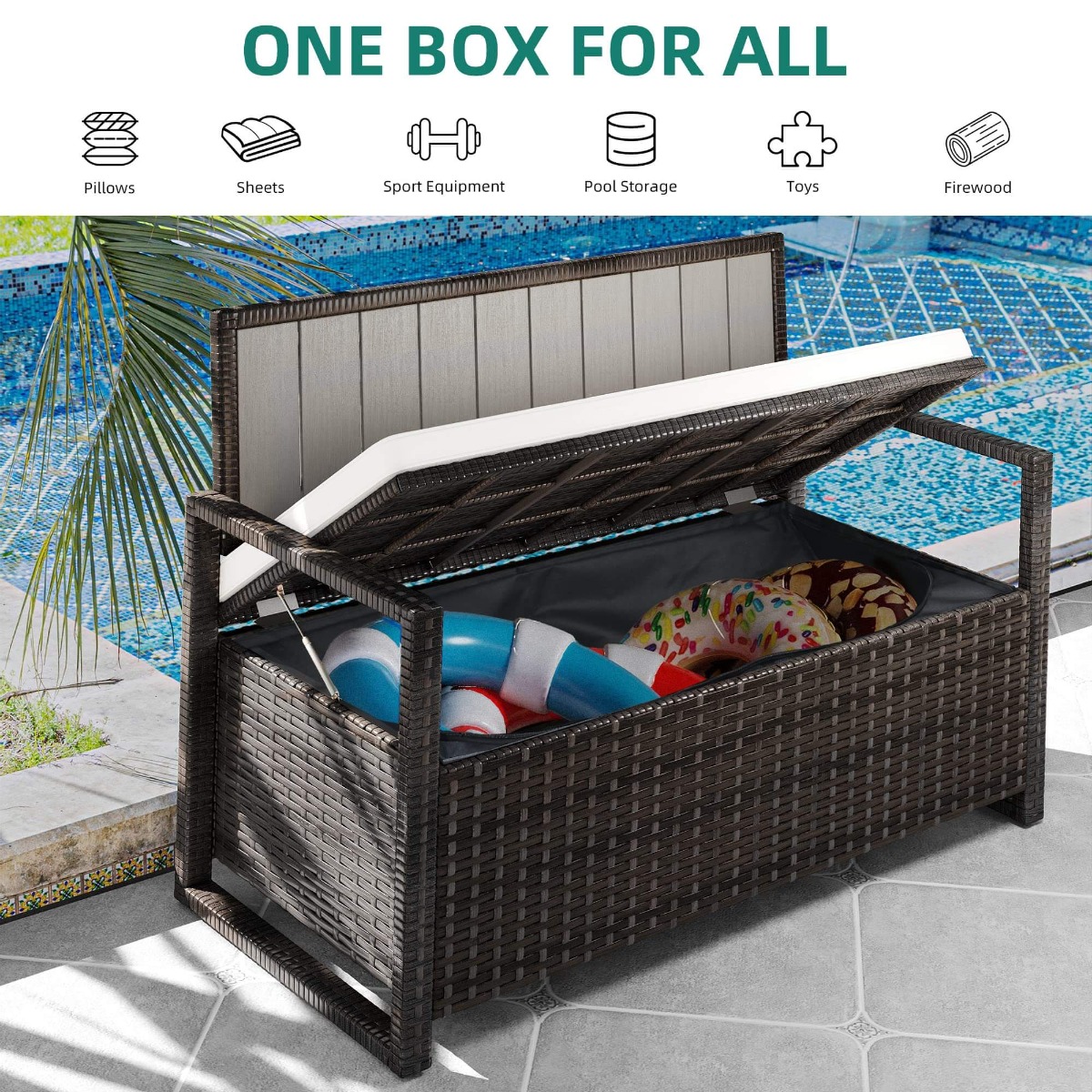 70 Gallon All-Weather PE Rattan Deck Box Outdoor Storage Bench with Cushion in Brown