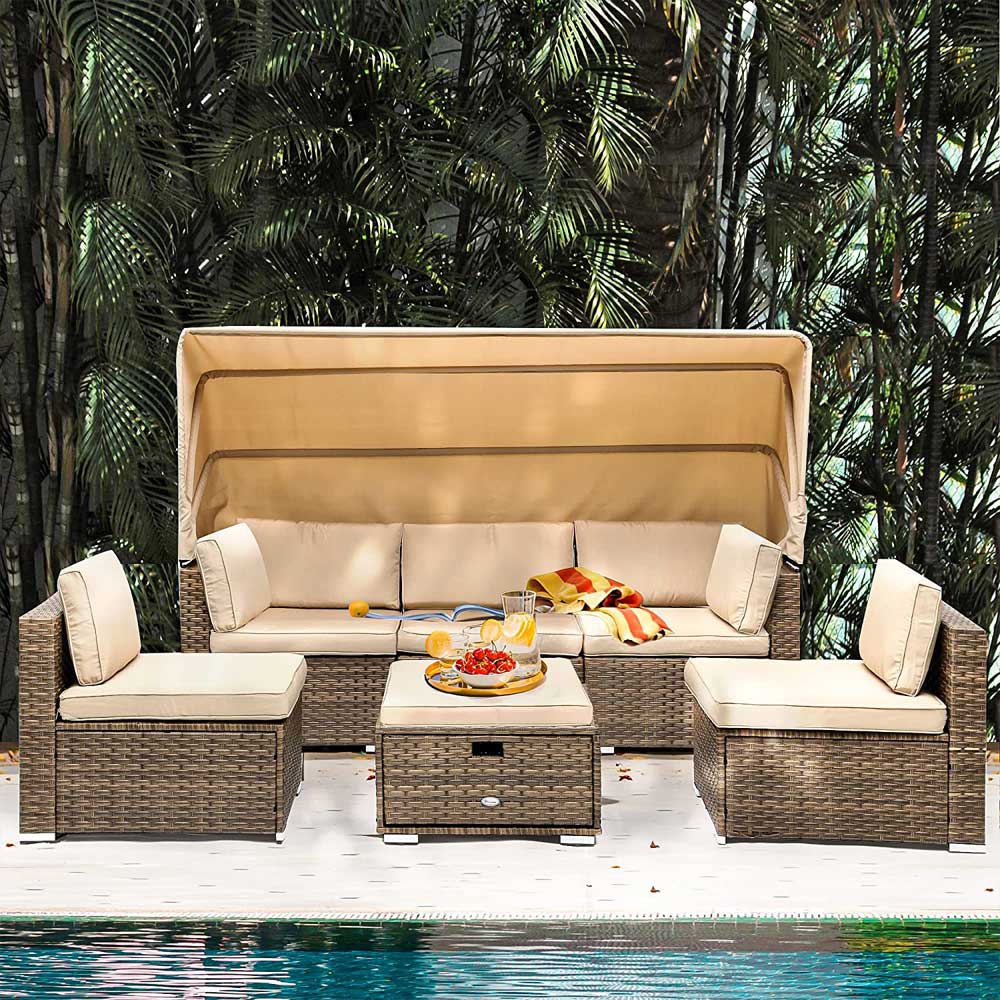 Yitahome | 6 Pieces Wicker Outdoor Daybed with Canopy and
