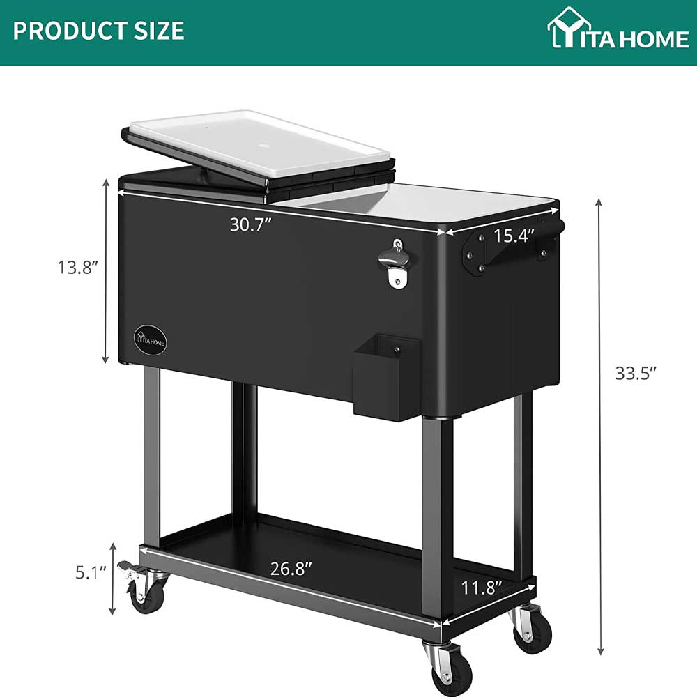80QT Rolling Outdoor Patio Cooler Cart On Wheels Portable Ice Chest