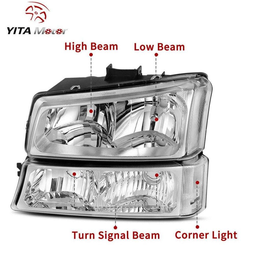 Side view of YITAMOTOR® 03-06 Chevy Silverado 07 Silverado Classic Chrome Housing Headlights + Taillights Combo