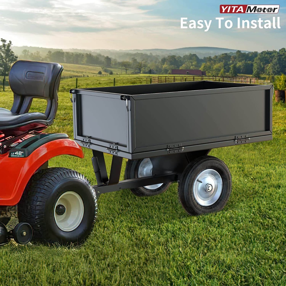 Side view of YITAMOTOR® 10 Cubic Feet Dump Cart Steel Dump Trailer 成功
