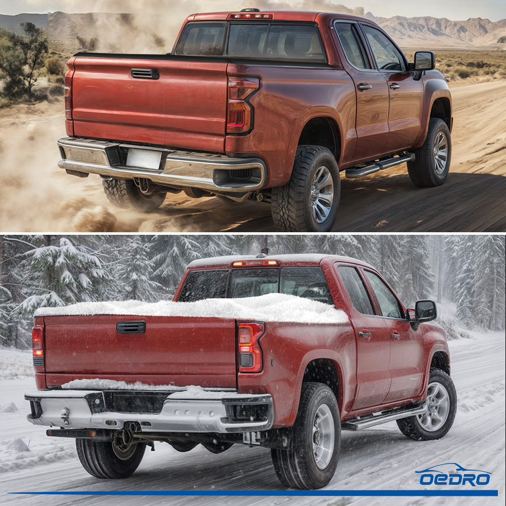 Side view of OEDRO 6.6FT Soft Quad Fold Tonneau Cover for 2019-2026 Chevy Silverado/GMC Sierra 1500 Without Multi-Flex Tailgate(Not for Legacy/Limited/2500 3500hd)