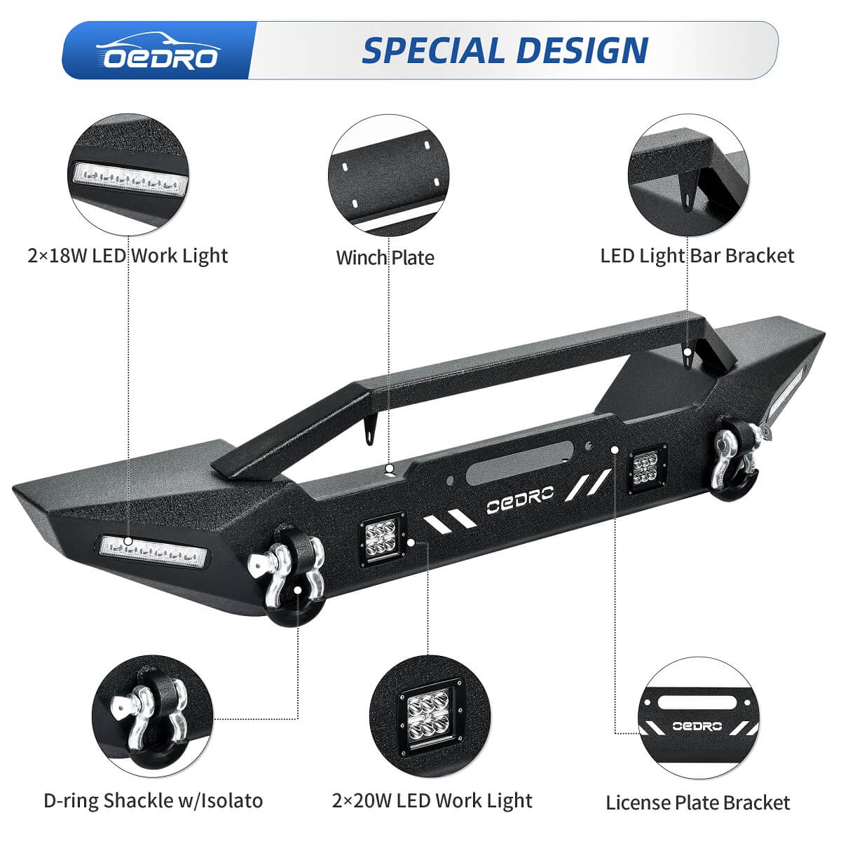 Side view of OEDRO  Front Bumper for 1987-2006 Jeep Wrangler TJ & YJ & LJ, Rock Crawler Bumper with Winch Plate Mounting & 4X LED Lights & 2X D-Rings
