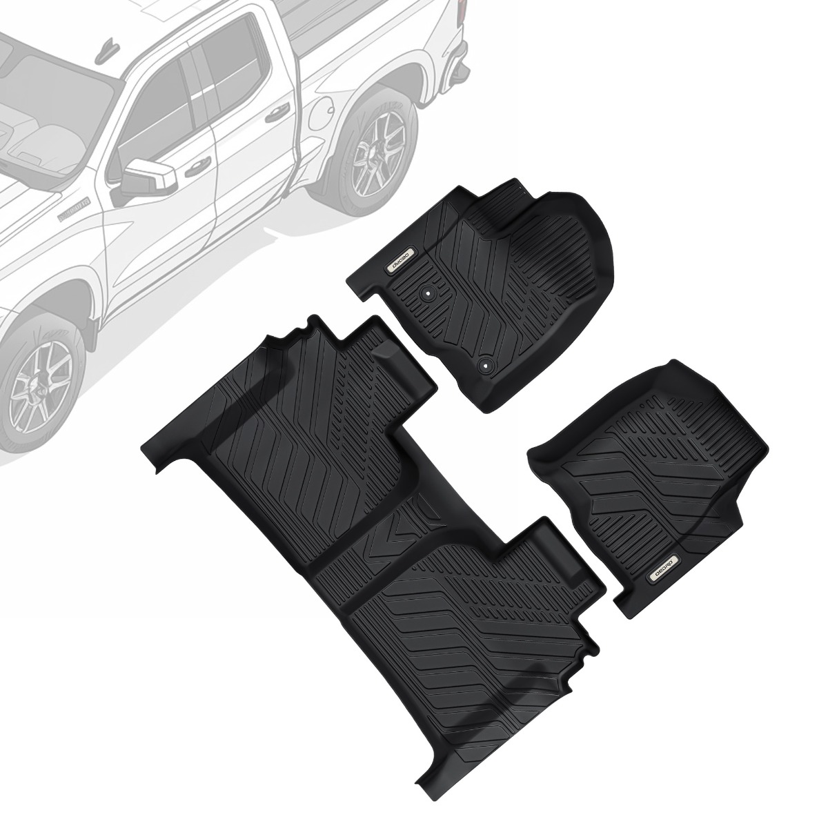 Side view of OEDRO Floor Mats Fits for 2019-2026 Chevy Silverado /GMC Sierra 1500 & 2020-2026 2500HD/3500HD Crew Cab W/ Rear Storage Box, Front Bucket Seat