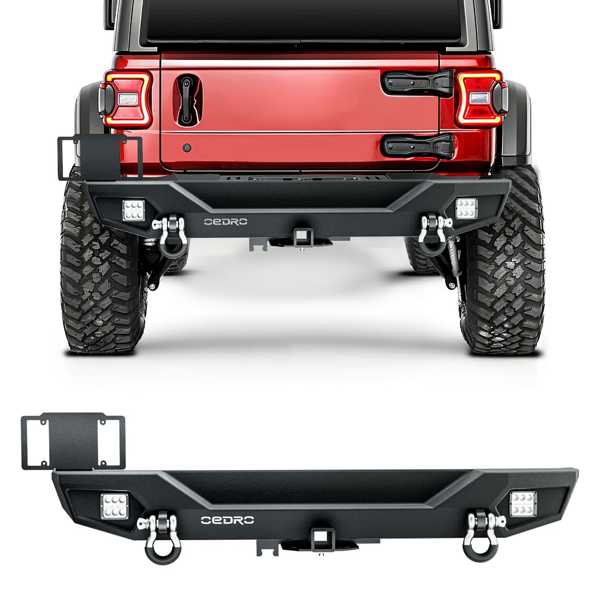 Side view of OEDRO Rear Bumper for 2018-2025 Jeep Wrangler JL, Rock Crawler Bumper with Hitch Receiver 2 x LED Lights & 2 x D-Rings (Not for JK)