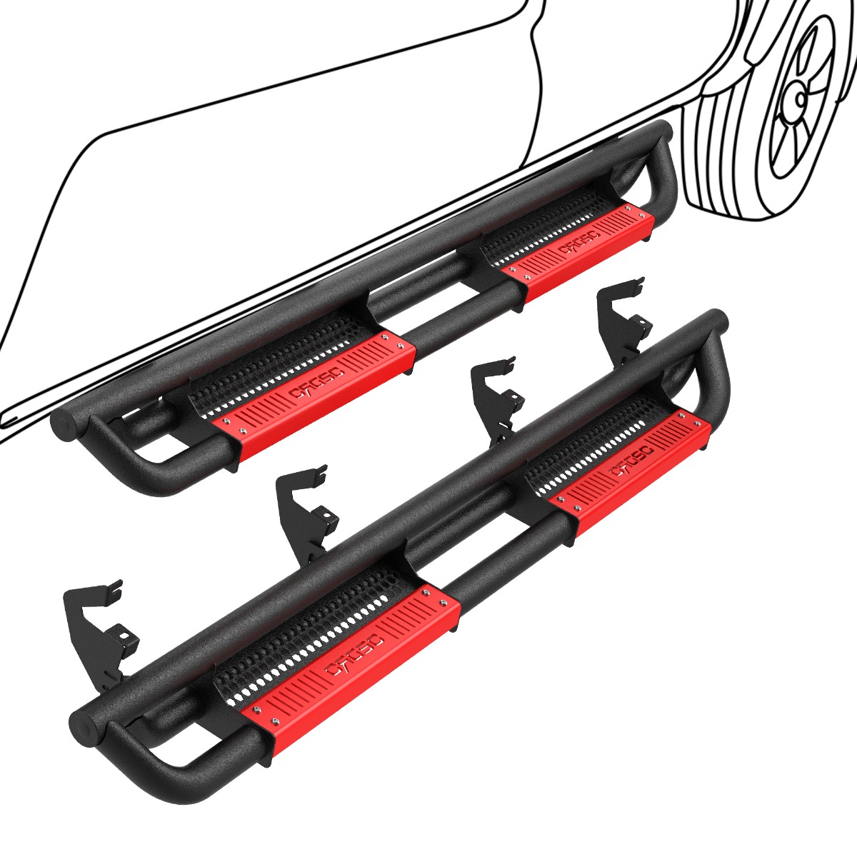 Side view of OEDRO® Running Boards for 2019-2026 Chevy Silverado/GMC Sierra 1500 Crew Cab, 2020-2026 Silverado/Sierra 2500HD 3500HD Crew Cab