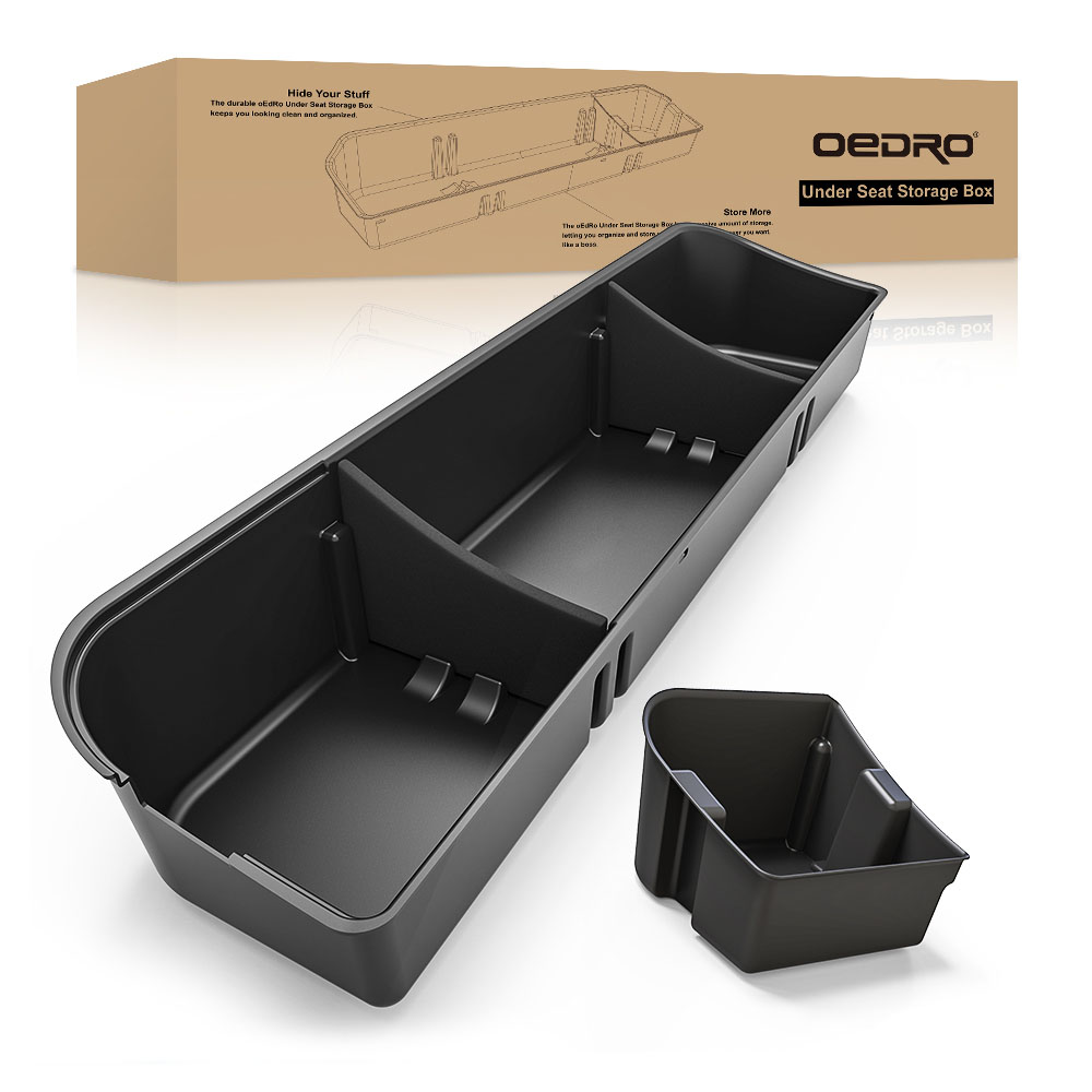 Side view of OEDRO Upgraded Under Seat Storage Box for 2015-2026 Ford F150 Super Crew Cab, 2 in 1 Design Black Organizers