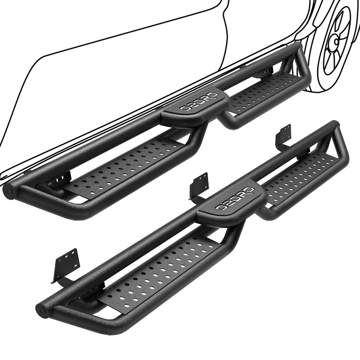 Side view of OEDRO Running Boards for 2019-2026 Dodge Ram 1500 Crew Cab New Body, Bolt-on Side Steps Steel Nerf Bar