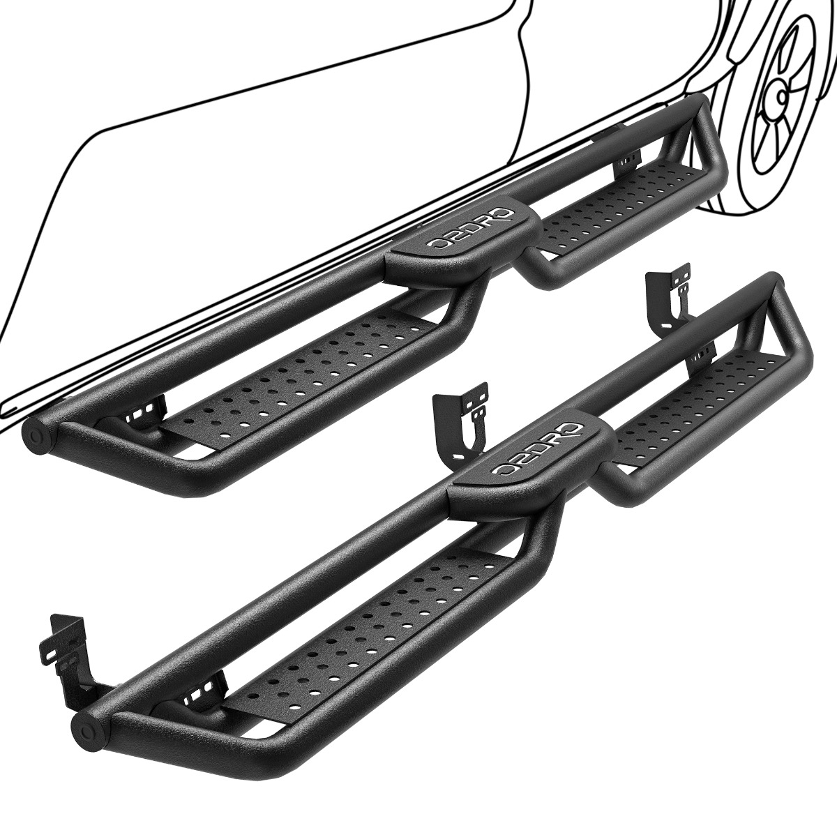 Side view of OEDRO Running Boards for 2009-2018 Dodge Ram 1500 Crew Cab, 2019-2024 Dodge Ram 1500 Classic Crew Cab, 2010-2026  Dodge Ram 2500/3500 Steps Nerf Bar