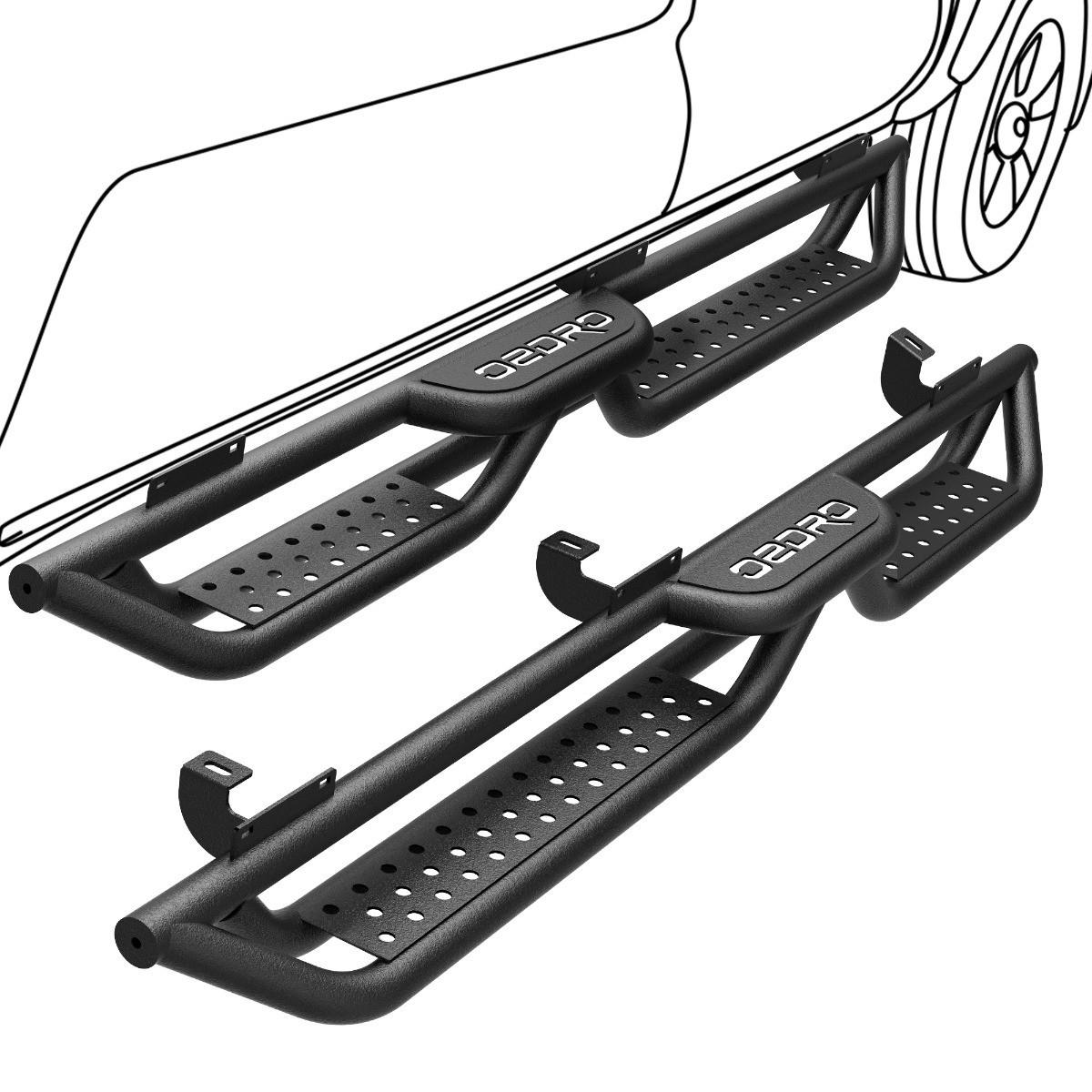 Side view of OEDRO Heavy-Duty Running Boards for 2007-2018 Jeep Wrangler JK JKU 4-Door, Black Powder-Coated Carbon Steel, Dual-Step Nerf Bars Bolt-On Installation
