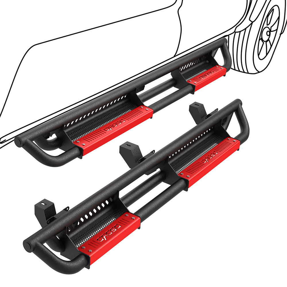 Side view of OEDRO Running Boards for 2018-2026 Jeep Wrangler JL Unlimited 4 Door, All Steel Black and Red Nerf Bar
