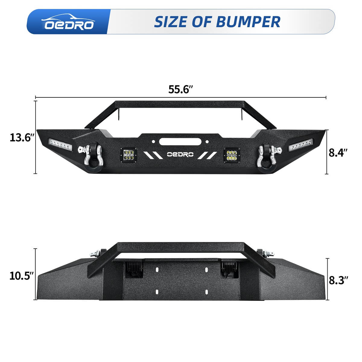 Side view of OEDRO  Front Bumper for 1987-2006 Jeep Wrangler TJ & YJ & LJ, Rock Crawler Bumper with Winch Plate Mounting & 4X LED Lights & 2X D-Rings