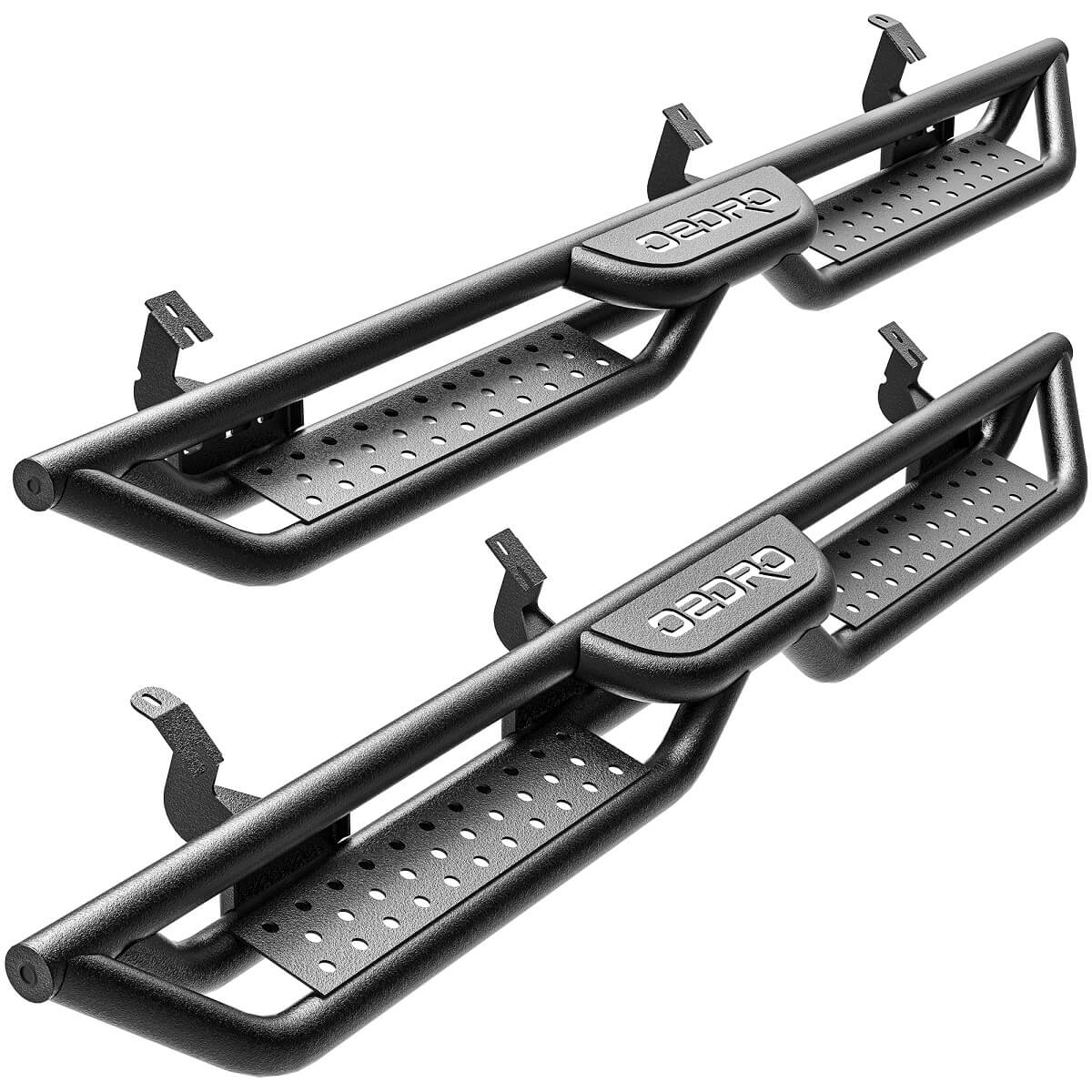 Side view of OEDRO Running Boards for 2007-2021 Toyota Tundra Double Cab, Bolt-on Two Stairs Design Steel Side Steps