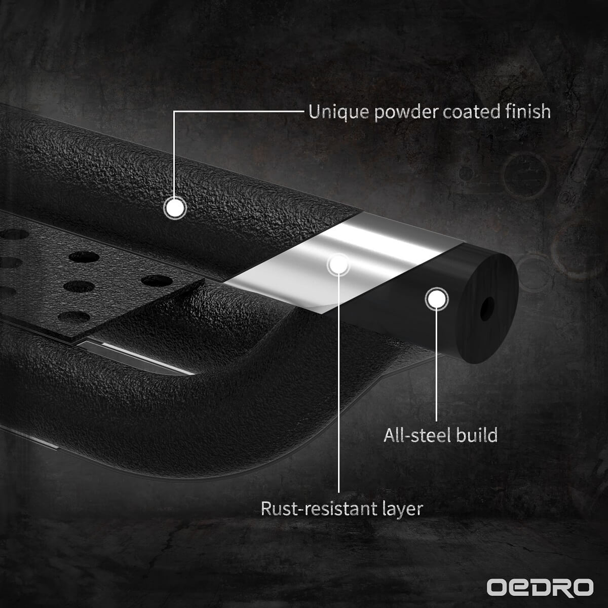 Side view of OEDRO Running Boards for 2007-2021 Toyota Tundra Double Cab, Bolt-on Two Stairs Design Steel Side Steps
