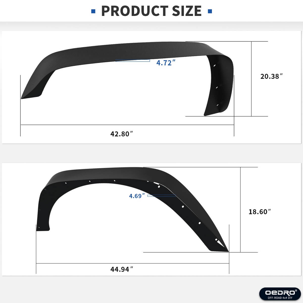 Side view of 2007-2018 Jeep Wrangler JK Front Inner Front & Rear Fender Flares