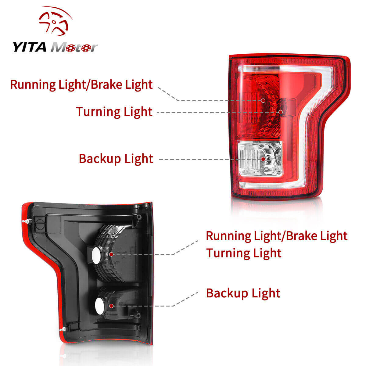 Side view of YITAMOTOR® Halogen 2015-2017 Ford F-150 Tail Lights Assembly Red Clear Sold in Pairs