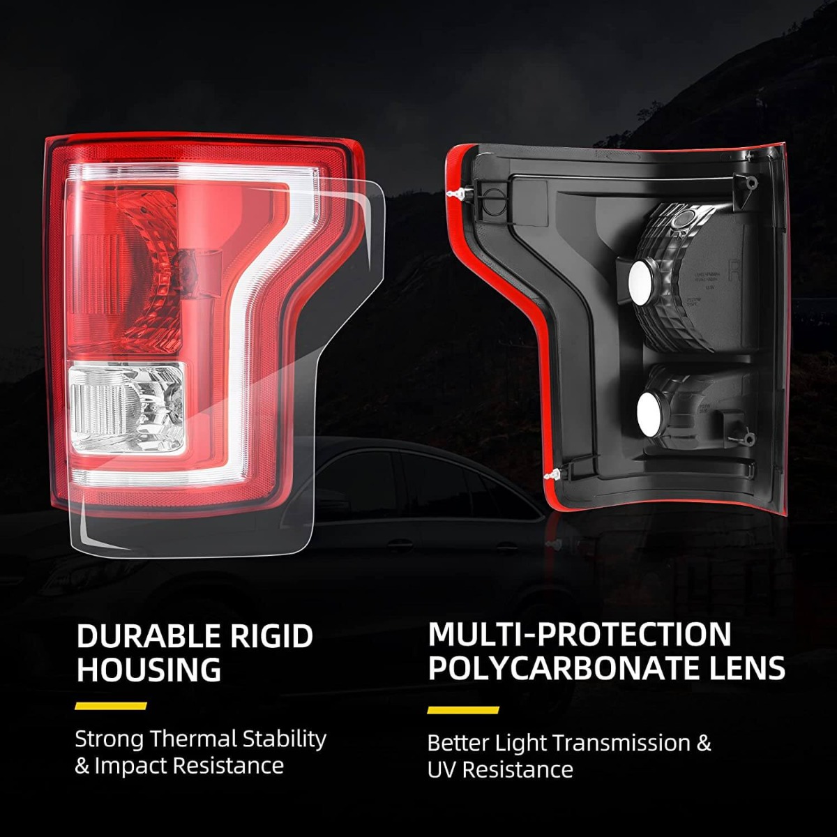 Side view of YITAMOTOR® Halogen 2015-2017 Ford F-150 Tail Lights Assembly Red Clear Sold in Pairs