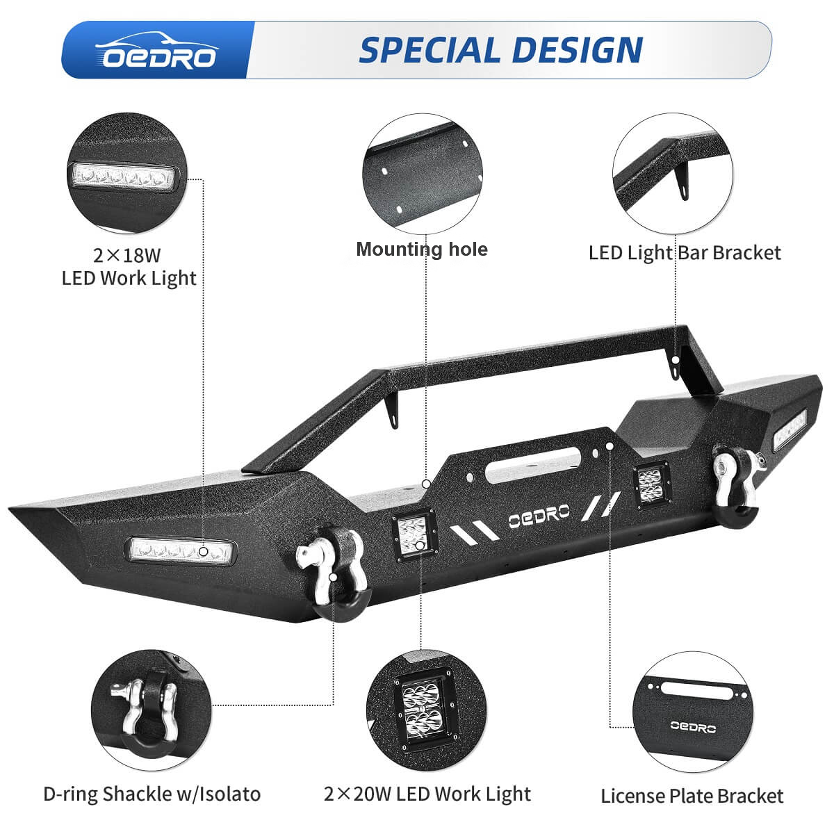 Side view of OEDRO Front Bumper for 2018-2025 Jeep Wrangler JL & Unlimited, 2020-2025 Jeep Gladiator with 4 x LED Lights & 2 x D-Rings