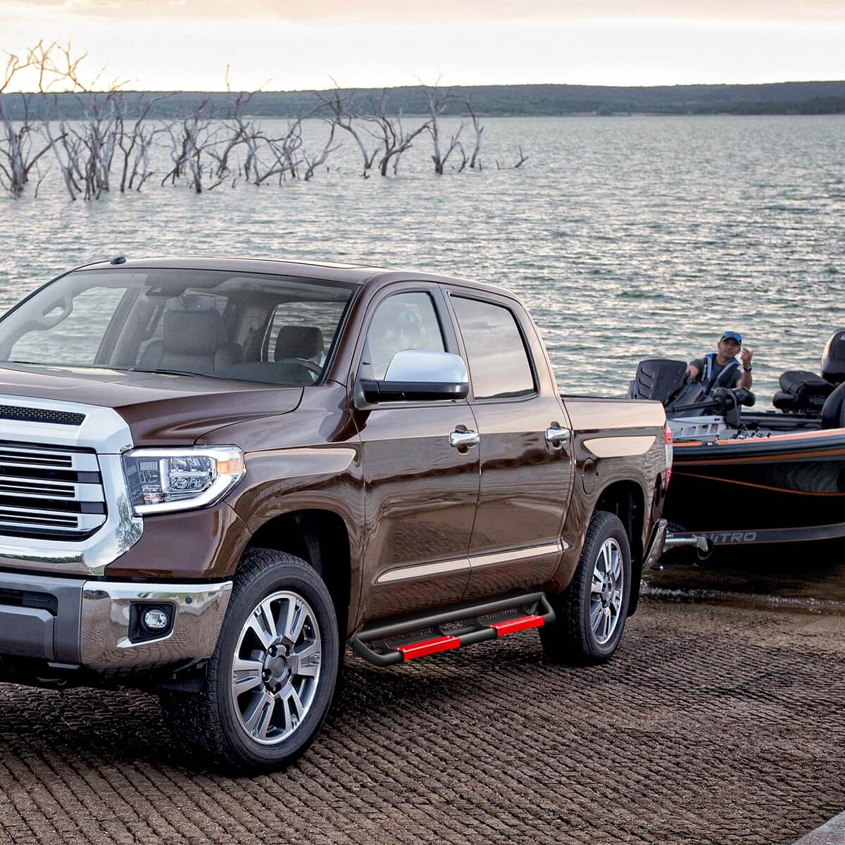 Side view of OEDRO Running Boards for 2007-2021 Toyota Tundra CrewMax Cab, w/Paintable Plates Truck Side Steps
